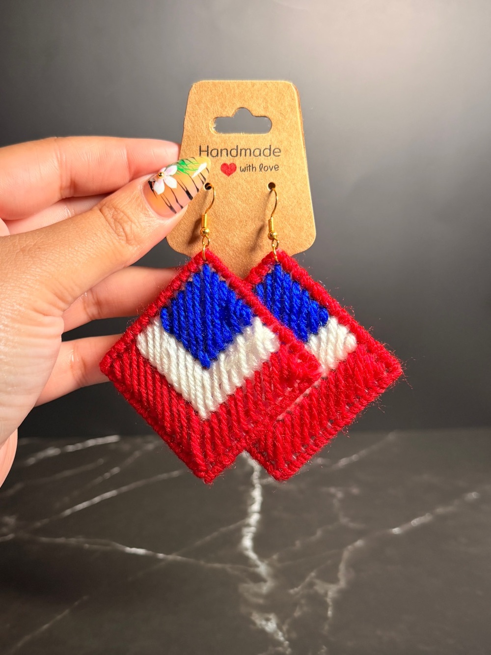 Handmade Red Blue White Geometric Woven Earrings